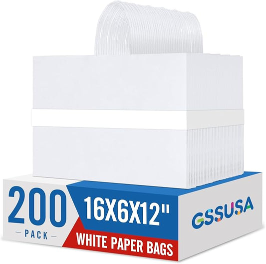 GSSUSA Large White Paper Bags 16x6x12'' 200Pcs Recycled Gift Bags Kraft Bag With Handles For Business, Party, Boutique, Retail, Wedding, Shopping, Halloween, Christmas