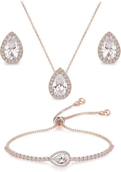 UDYLGOON Imitation Cubic Zironia Diamond Teardrop Earrings Necklace Bracelet Jewelry Set For Bride Bridesmaids Bridal Wedding Party Prom Jewelry Gift
