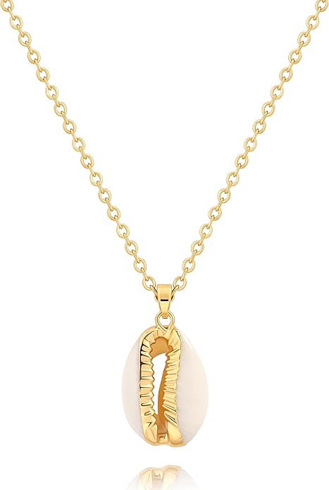 Natural Seashell Shell Scallop Pendant Choker Necklace Adjustable 18K Gold Plated Cable Chain Handmade Jewelry for Women Girls