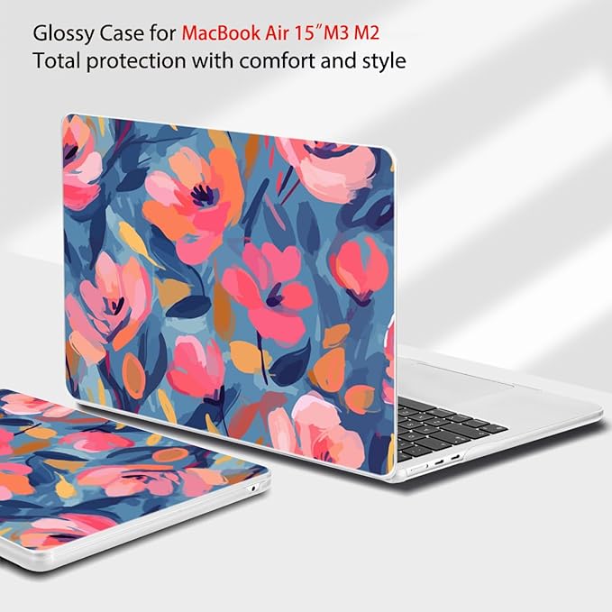 Teryeefi Compatible with M3 M4 M2 MacBook Air 15 inch Case 2025 2024 2023 Release A3241 A3114 A2941, Hard Shell Cover & Keyboard Cover & Screen Protector & OTG Adapter - W-Abstract Pink Flower
