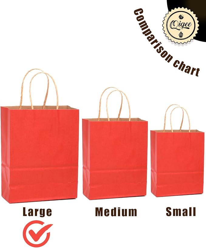 qiqee Large Kraft Paper Bags with Handles 13"x10"x5" 32 pcs Gift Paper Bag Red Solid Color Bags（Large Size）