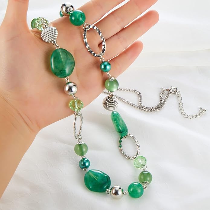 BULINLIN Beaded Long Necklace for Women Silver Sweater Chain Necklace with Crystal Resin Beads, Fashion Jewelry Necklace