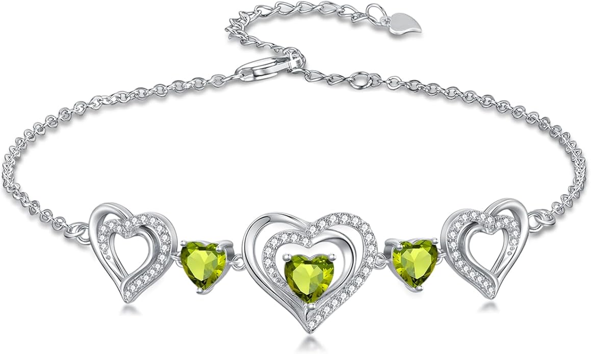 Birthstone Charm Link Bracelet 925 Sterling Silver Rose/Heart/Mom Bracelet with 12 Months Birthstone Mother's Day Gift Jewelry Gifts for Women,Chain Length 7"+2" Extend