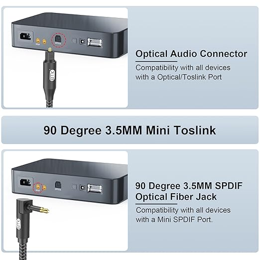 EMK Premium 90° Right-Angle Mini Toslink Cable (5Ft/1.5M) - 3.5mm Optical Digital Audio Cable for Sound Bars, TVs & Home Theater - SPDIF/Toslink Compatible, Black