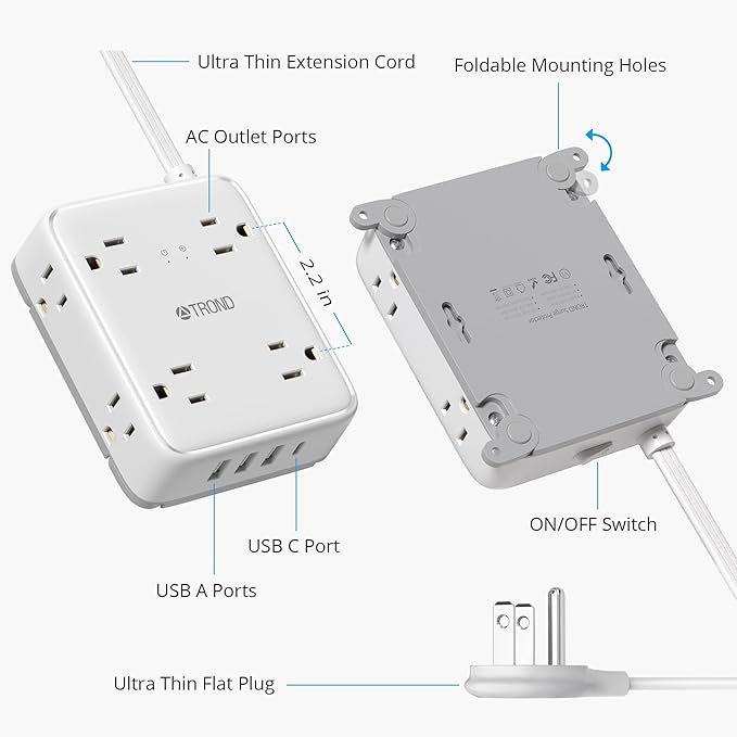 TROND Surge Protector Power Strip with USB, Ultra Thin Flat Plug 10ft Extension Cord 1625W, 3 USB-A & 1 USB-C, 8AC Outlets 1440J Surge Protection Wall Mount for Home Office Dorm Room Essentials, White