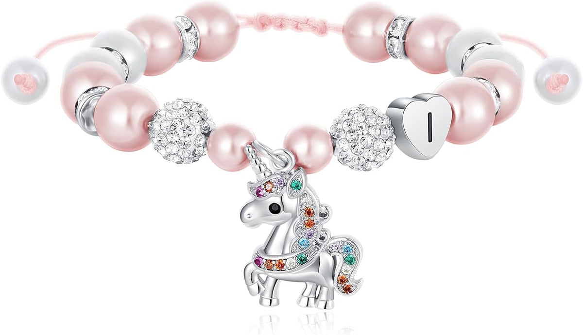 C-leen Unicorn Unicorn Bracelet Gifts for Girls Kids - Pink Pearl and Rhinestone Balls Heart Initial Unicorn Bracelets Adjustable Jewelry CZ Unicorn Bracelet Birthday Gifts for Teens