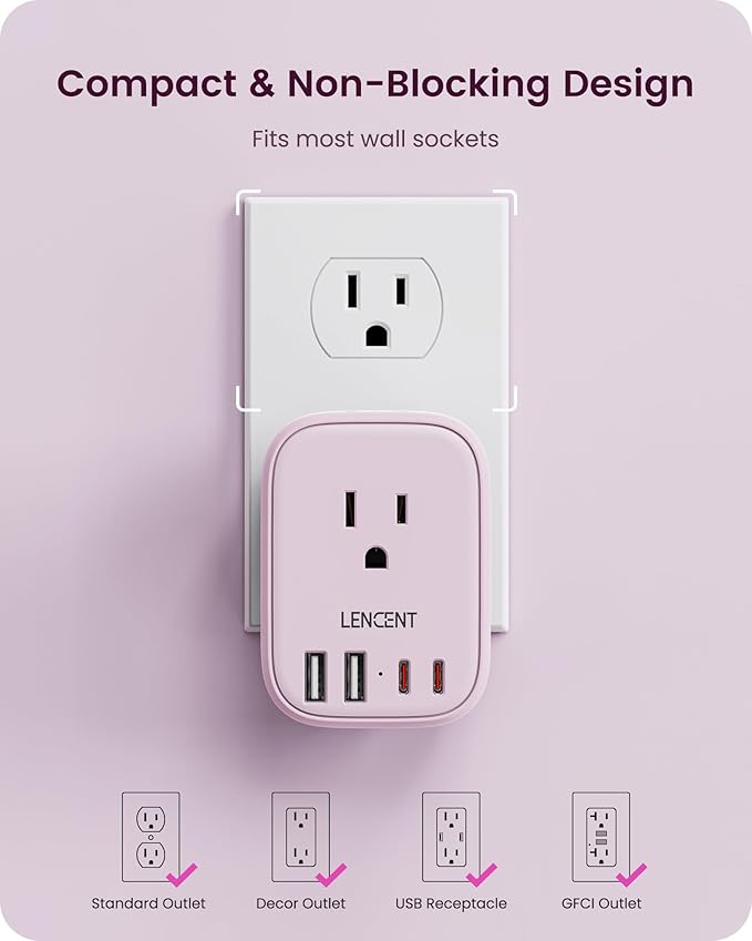 LENCENT Multi Plug Outlet Extender with USB C, 4 AC Electrical Outlet Expander with 4 USB Charger Cube, Small Multiple Wall Tap Plug Splitter for Home Office Travel Cruise Dorm Essentials- Pink
