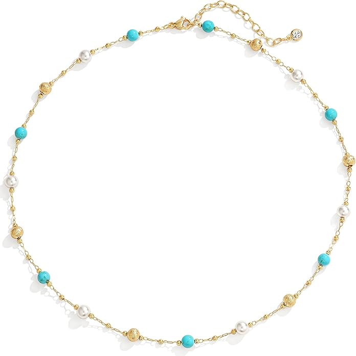 Created Turquoise Necklace for Women 14K Gold Plated Beaded Heart Choker Boho Necklaces Handmade Beach Summer Everyday Western Jewelry Gifts