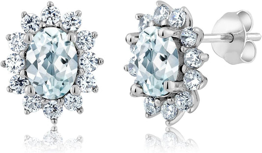Gem Stone King 7X5MM Oval Gemstone Birthstone Stud Earrings For Women | Princess Diana Royal Halo Style | 925 Sterling Silver | Fine Jewelry Gifts for Anniversary Wedding Her Mom Women Wife