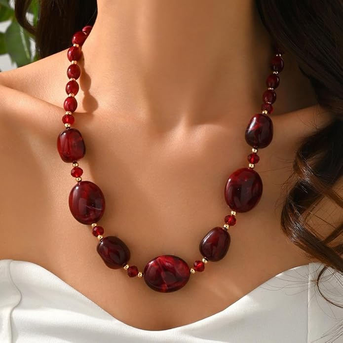 Chunky Beaded Necklace For Women, Multi Color Boho Irregular Oval Bead Long Necklaces Vintage Unique Statement Jewelry Gifts