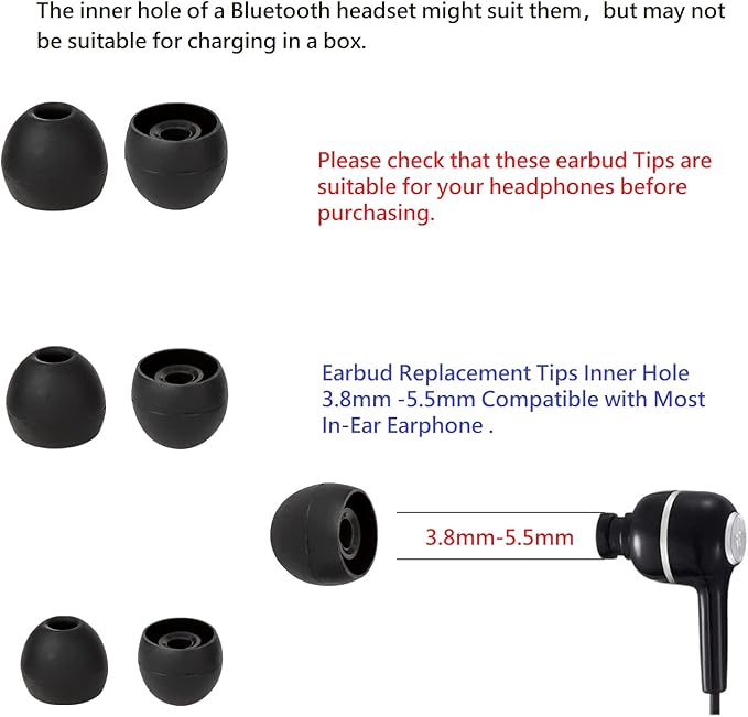 Silicone Earbud Replacement Tips Earbud Tips Ear Bud Covers for Fit Most in-Ear Earbuds(Inner Hole 3.8mm -5.5mm) Headphone Rubber Tips Eartips 18 Pairs S M L