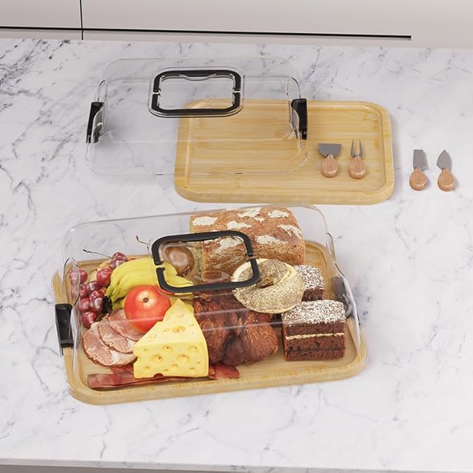 13.4"x9.5" Portable Cheese Board with Standard Clear Lid - Bamboo Charcuterie Container for Office, School, Travel - Carrying Handle & Locking Clasps