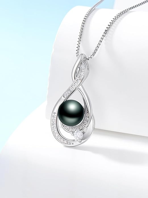 Tahitian Black Pearl 18K White Gold Plated Sterling Silver Heart/Infinity/Four Leaf Clover Pendant Necklace Jewelry Gifts for Women Wife Mom Girlfriend Wedding Birthday Anniversary Christmas