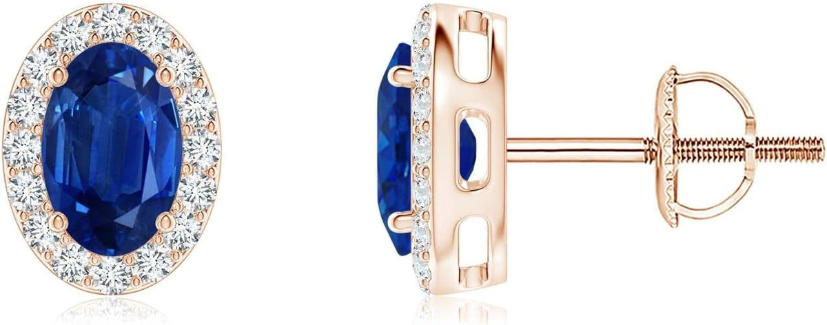 ANGARA Natural Blue Sapphire Earrings for Women | Prong-Set Oval Blue Sapphire Stud Earrings with Diamond Halo in 14K Solid Gold/Platinum | September Birthday, Anniversary, Gemstone Jewellery Gift