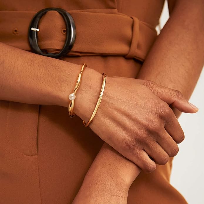 PERNNLA PEARL Dainty Gold Bar Bracelet for Women Simple Delicate Thin Cuff Bangle Hook Bracelet 18K Gold Plated Handmade Minimalist Jewelry