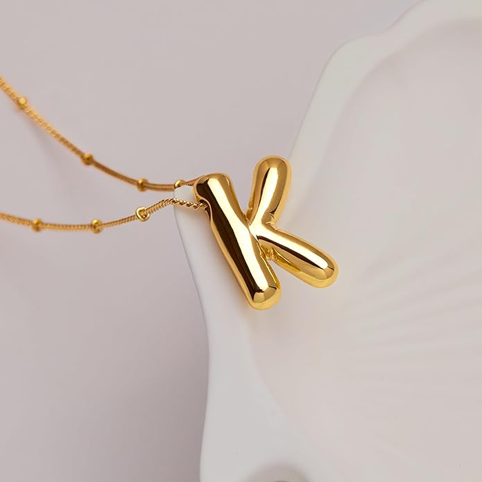 Inerney Valentines Day Gifts Gold Bubble Letter Necklace Initial Necklaces for Women, Chunky 14K Plated Balloon Initials, Trendy Charm Non Tarnish Custom Name Pendant Jewelry Gifts for Mom