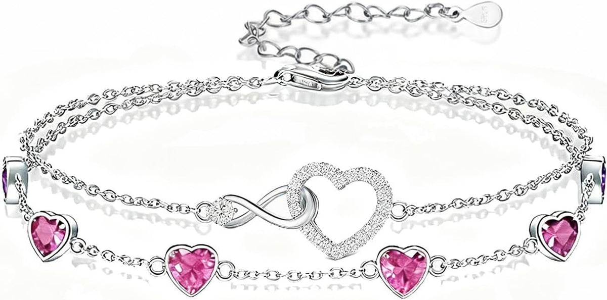 Prismata Infinity Birthstone Charm Link Bracelet 925 Sterling Silver Adjustable 12 Months Birthstone Infinity Bracelet Birthday Jewelry Gifts for Women Mom Her,with 7"+2" chain