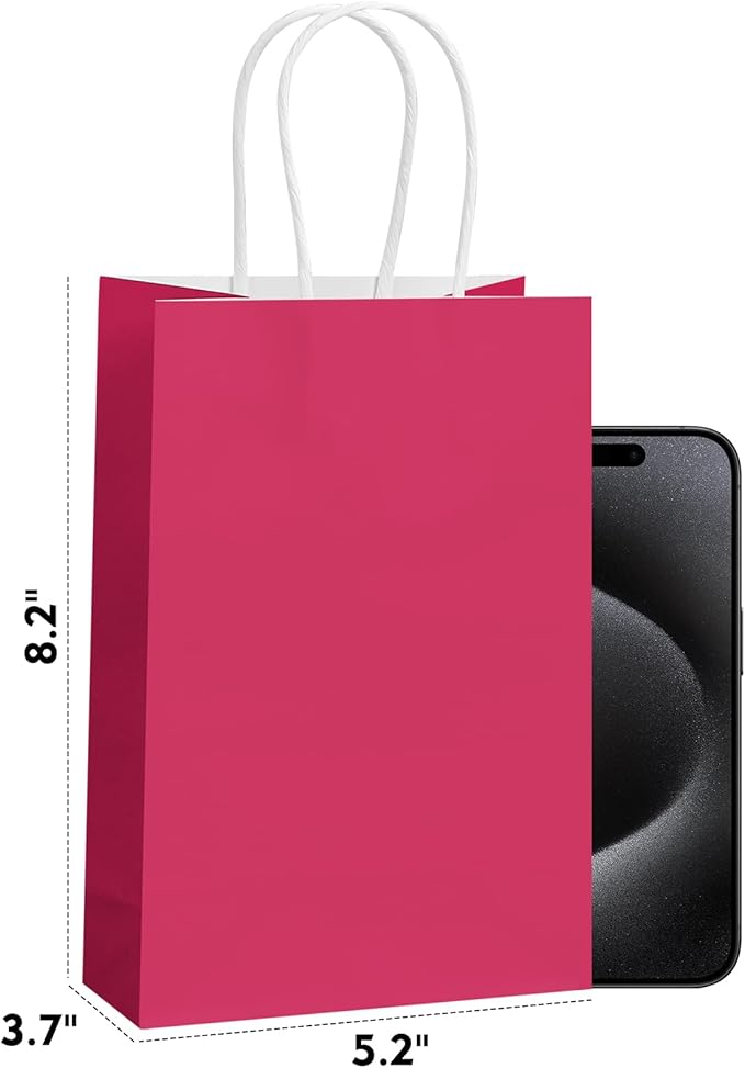 REMTAP Gift Paper Bags 5.9×3.2×8.2 50Pcs Kraft Bags with Handles Bulk Gift Bags for Wedding Party Craft Retail Packaging, Shopping Bag, Party Favor, Retail Bag (Pink-S-50pcs, 5.9×3.2×8.2)