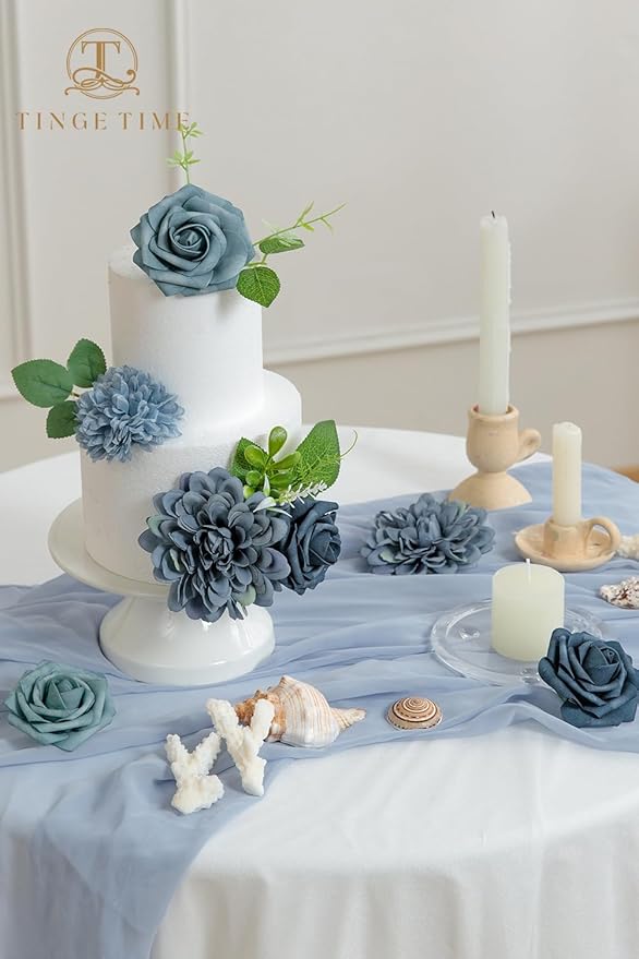TINGE TIME Artificial Flowers Combo Box Set, Dusty Blue Roses Gradient Color Fake Roses with Stems for DIY Wedding Bouquets Table Centerpieces Baby Shower Home Party Floral Arrangements Decorations