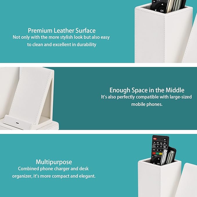 Wireless Charger with Desk Organizer, Wireless Charging Station for iPhone 14/14 Pro/13/12/11/Samsung Galaxy S23/S22/S21/S20/Note 20/Note 10, Charging Stand with Leather, White