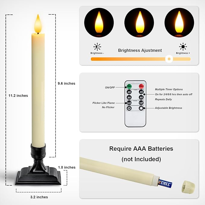 Homemory Real Wax Window Candles with Remote Timer Dimmer, Flameless Taper Candles with Holders, Christmas Candle for Window Battery Operated, LED Candlesticks for Home Holiday Decor,6 Pcs Ivory
