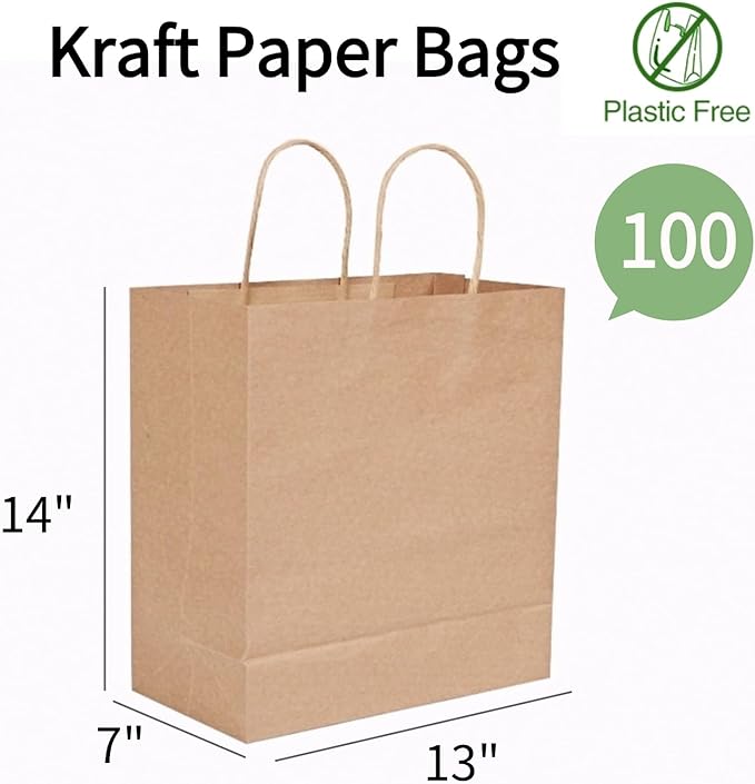 COGLARING Brown Gift Bags with Handles Bulk 100 Pack, 13x7x14 Inch for Shopping, Retail, Merchandise Packaging - Eco-Friendly Durable Paper Bags
