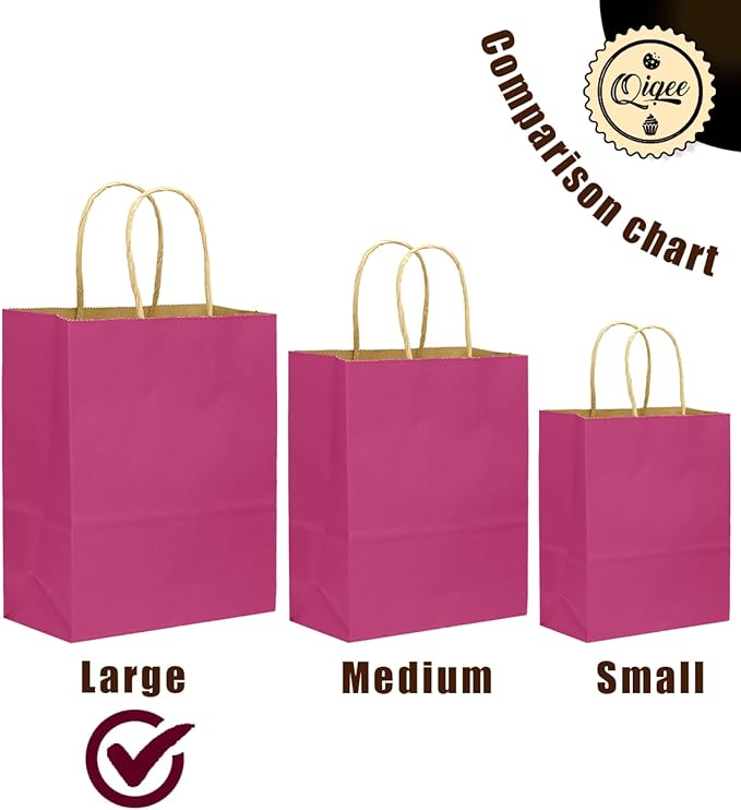 qiqee Large Kraft Paper Bags with Handles 13"x10"x5" 32 pcs Gift Paper Bag Rosy Solid Color Bags（Large Size）