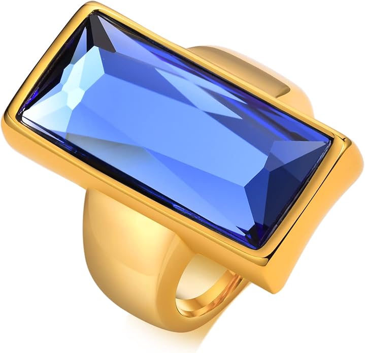 VNOX Vintage Fashion Stainless Steel Gold Plated Rectangular Black Glass Crystal Cocktail Statement Onyx Ring for Women