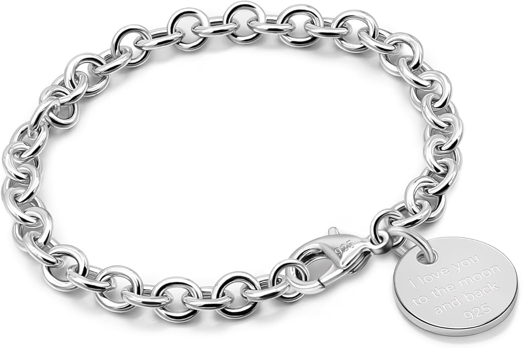 Dankadi Women 925 Sterling Silver Round Cable Wire Link Bracelet Charm Heart-Bell-Square-Circle Pendant Chain Bangle Fine Jewelry Gift For Wife Her