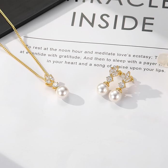 Wedding Jewelry for Bride Bridesmaid, Pearl Dangle Earrings and Pendant Necklace Set Bridal Jewelry for Promise Wedding Party