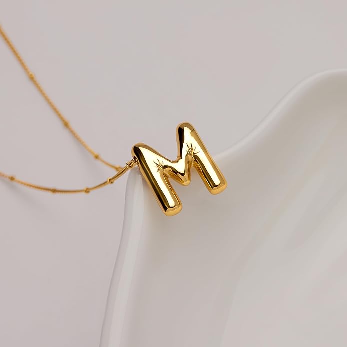 Inerney Valentines Day Gifts Gold Bubble Letter Necklace Initial Necklaces for Women, Chunky 14K Plated Balloon Initials, Trendy Charm Non Tarnish Custom Name Pendant Jewelry Gifts for Mom