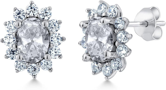 Gem Stone King 7X5MM Oval Gemstone Birthstone Stud Earrings For Women | Princess Diana Royal Halo Style | 925 Sterling Silver | Fine Jewelry Gifts for Anniversary Wedding Her Mom Women Wife