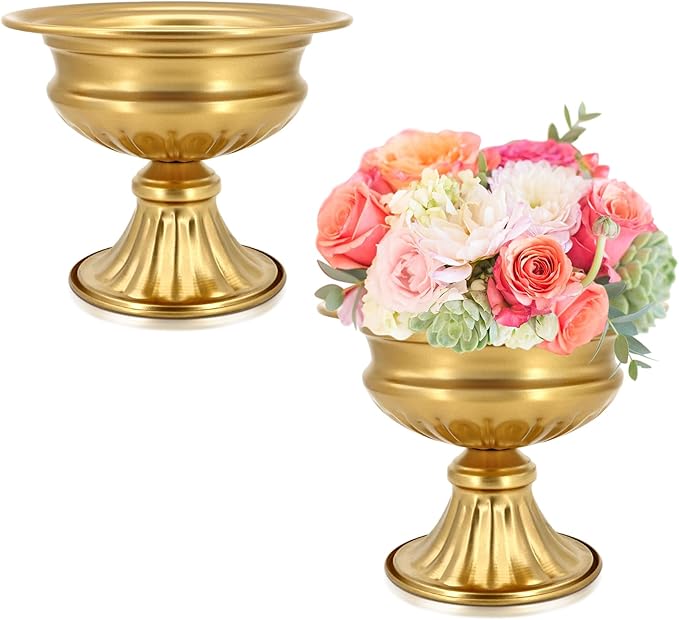 Gold Compote Vases for Centerpieces: Wedding Flower Vase for Tables 6.5 Inch Small Metal Urn Pedestal Bowl for Party Anniversary Event Home Decor Set of 2