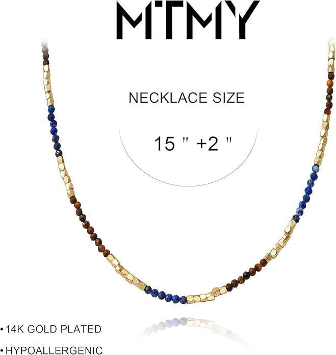 MTMY Beaded Gemstone Choker Necklace for Women, 14K Gold Plated Boho Colorful Natural Stone Bead Chain Necklace Summer Beach Handmade Jewelry