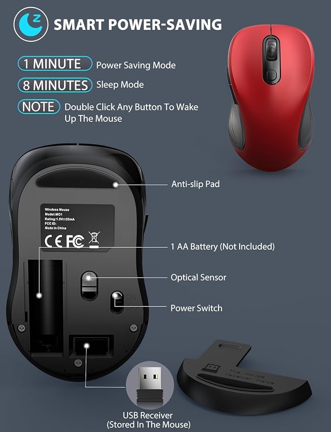 Trueque Wireless Mouse for Laptop, 2.4GHz Ergonomic Computer Mouse with Back & Forward Buttons, 3 Adjustable DPI Levels, 6 Buttons, Optical USB Cordless Mice for Windows Chromebook MacBook PC (Red)