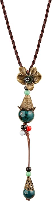 MINACHI Vintage Bohemian Colorful Ceramic Bead Antique Flower Y Necklace, Vintage Boho Hippie Statement Jewelry Gift for Women