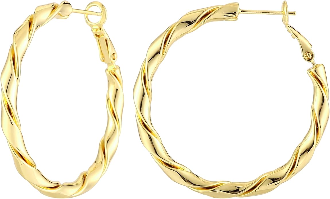 14k Gold Plated Hoop Earrings for Women, 925 Sterling Silver Posts Thick Twist Hypoallergenic Chunky Large Earrings 20mm 30mm 40mm 50mm