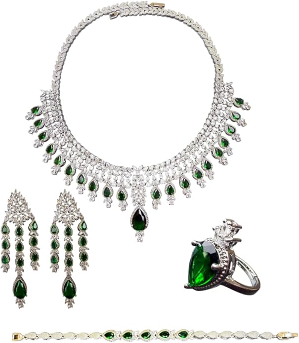 Rhinestone Wedding Bridal Jewelry Set Women's Prom-Style Necklace, Earrings, Bracelet, Ring Bridesmaid Gift Pairs with Evening Gown