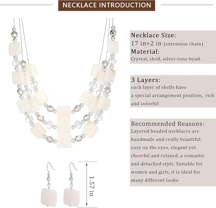 Layered Beaded Statement Necklaces for Women Square Shell Bead Collar Necklace and Earring Set Birthday Gifts Boho Jewelry Sets for Women