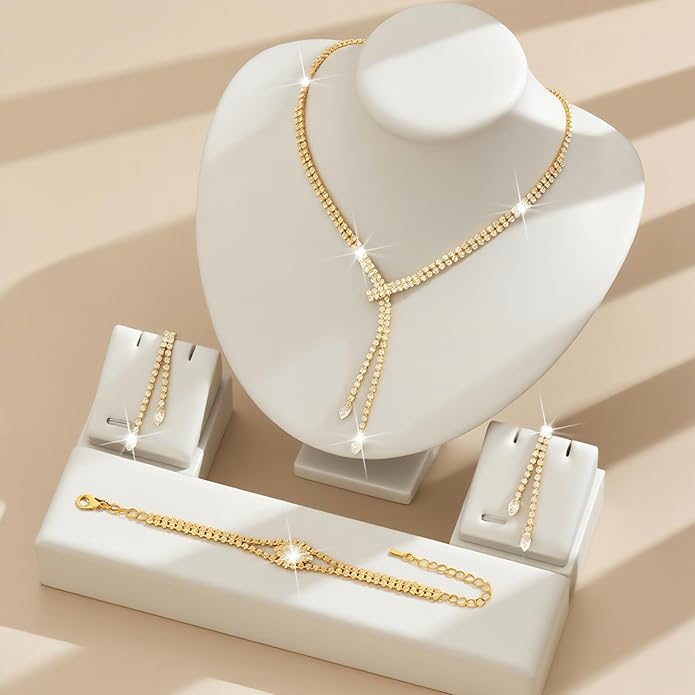 4 Pieces Cubic Zirconia Wedding Jewelry Sets for Bride Rhinestone Bridal Jewelry Set Necklace Bracelet Earring Ring for Brides Bridesmaid for Wedding Party