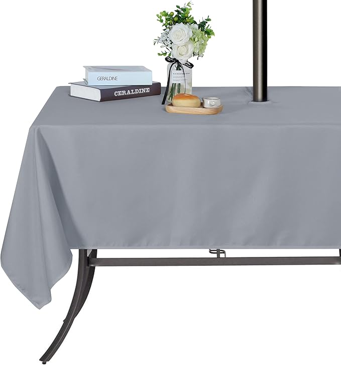 SARAFLORA Outdoor and Indoor Tablecloth -60x120 inch Silver, Wrinkle Free Washable Waterproof Table Cloth with Umbrella Hole and Zipper Rectangle Table Cover for Spring/Summer/Patio/Picnic/BBQS/Party