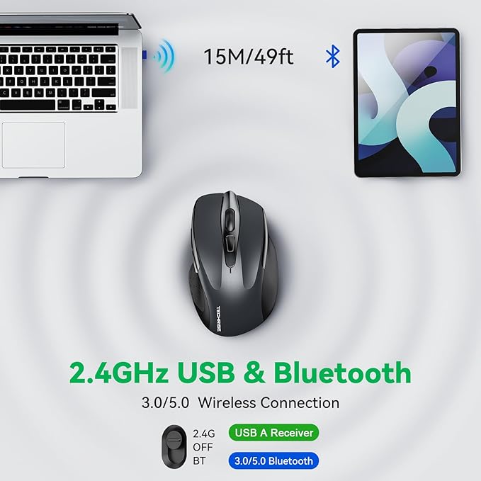 Bluetooth Mouse (BT5.0/3.0 & 2.4G) Rechargeable Wireless Mouse, 4800 DPI Optical Tracking, 6 Adjustable DPI, 2.4GHz with USB A Receiver, Quiet Clicks, Ergonomic Grips, 6 Buttons - Grey