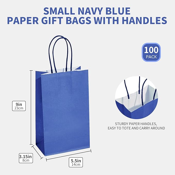DjinnGlory 100 Pack Small Navy Paper Gift Bags with Handles (Nautic Blue) 9x5.5x3.15 Inch for Boutiques, Weddings, Graduations, Men's Birthdays, Kid's Party Favors