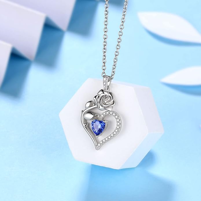 Jewmon Valentine Day Gifts for Her Rose Heart Birthstone Necklace for Women 925 Sterling Silver Birth Stone Flower Rose Necklace Anniversary Love GIfts for Girlfriend Wife Mom Birthday Gifts for Her