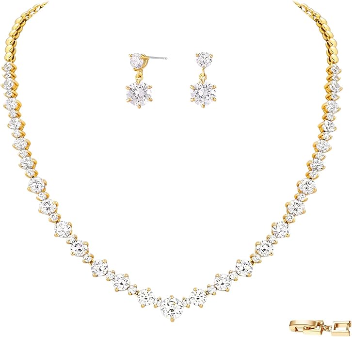 Wedding Jewelry Set For Women Bridal Brides Bridesmaid Classic Cubic Zirconia Necklace And Earrings For Prom Party