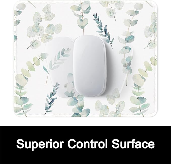 ITNRSIIET Mouse Pad with Stitched Edge Premium Textured Smooth Precise Operation Waterproof Washable Non-Slip Rubber Base Desktop Protection Mat, 10.2×8.3×0.12 inches, Eucalyptus Branches