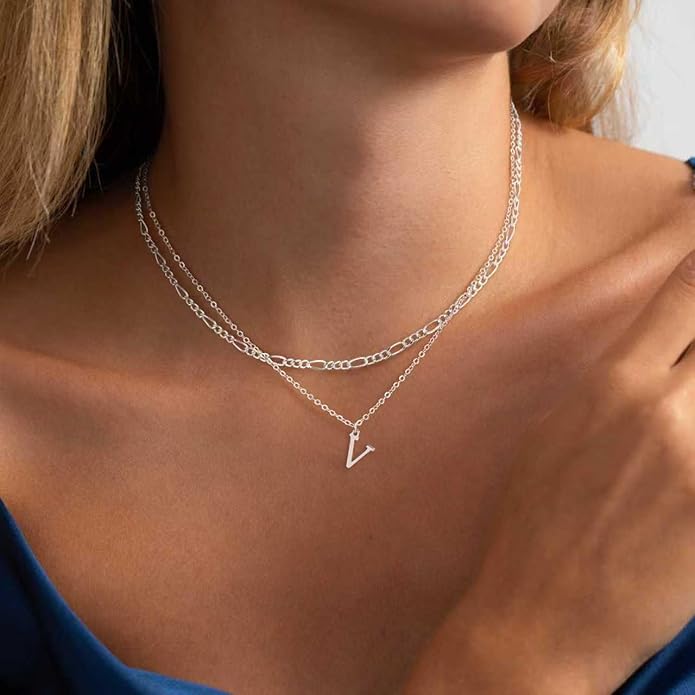 Initial Necklaces for Women Dainty Gold Silver Layered Letter Pendant Necklace Cute Figaro Chain Choker Necklace Personalized Trendy Stuff Jewelry Stack Gift for Women Her