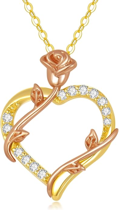 14K Solid Gold Rose Flower/Sunflower Necklaces for Women Flower Heart Pendant Necklace Love Sunshine Jewelry Anniversary Valentine's Day Birthday GiftS for Women Wife Girlfriend Her Mom