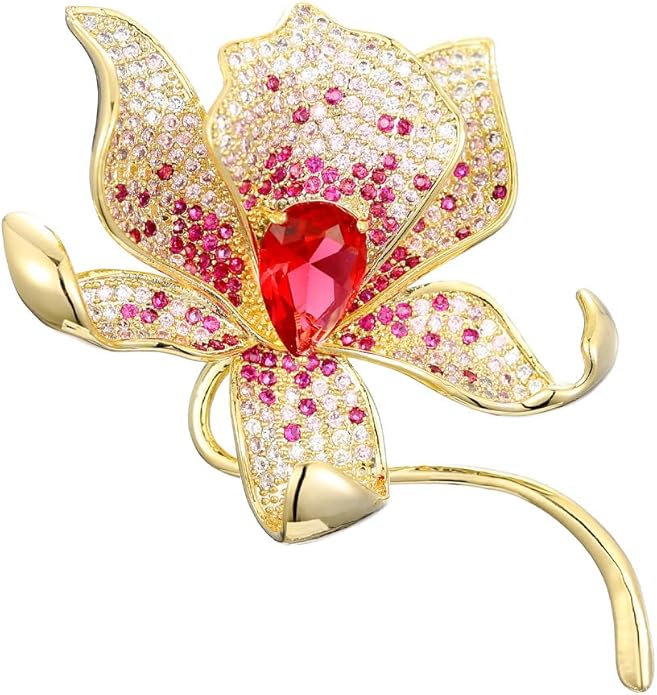 Stunning Handmade Lily Brooch in 14K Gold with Crystal Encrusted, Luxurious Moissanite Botanical Floral Corsage, Ideal Botanical Theme Shawl Accessory