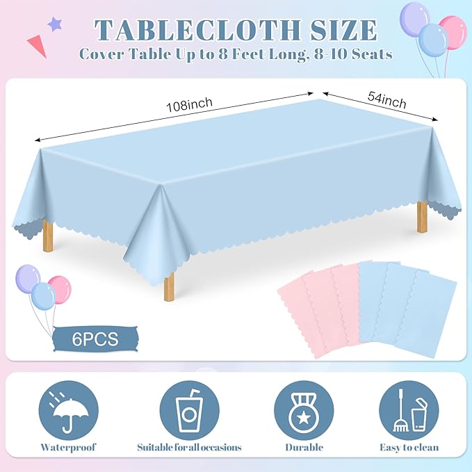 6 Pack Gender Reveal Plastic Tablecloth, 54 X 108 Inch Pink and Blue Disposable Scalloped Table Cloth for Rectangle Table Spring Tablecloth for Gender Reveal Baby Shower BBQ Picnic Birthday Party